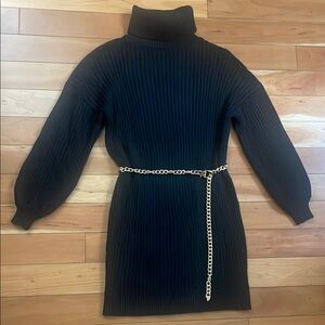 Black turtleneck sweater dress w gold chain belt